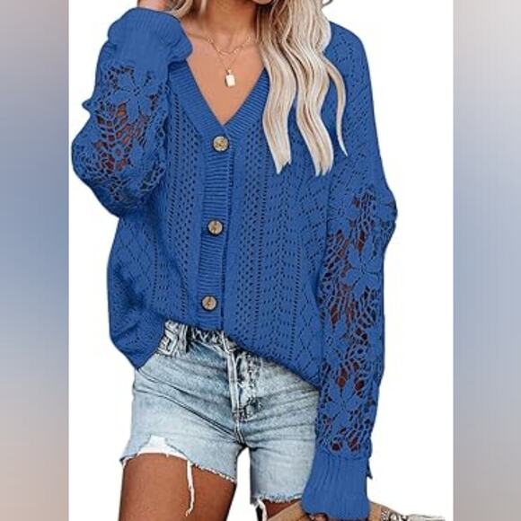 New Blue Crochet Knit Sweater Oversized Button Front Cardigan Size XL - Picture 1 of 8